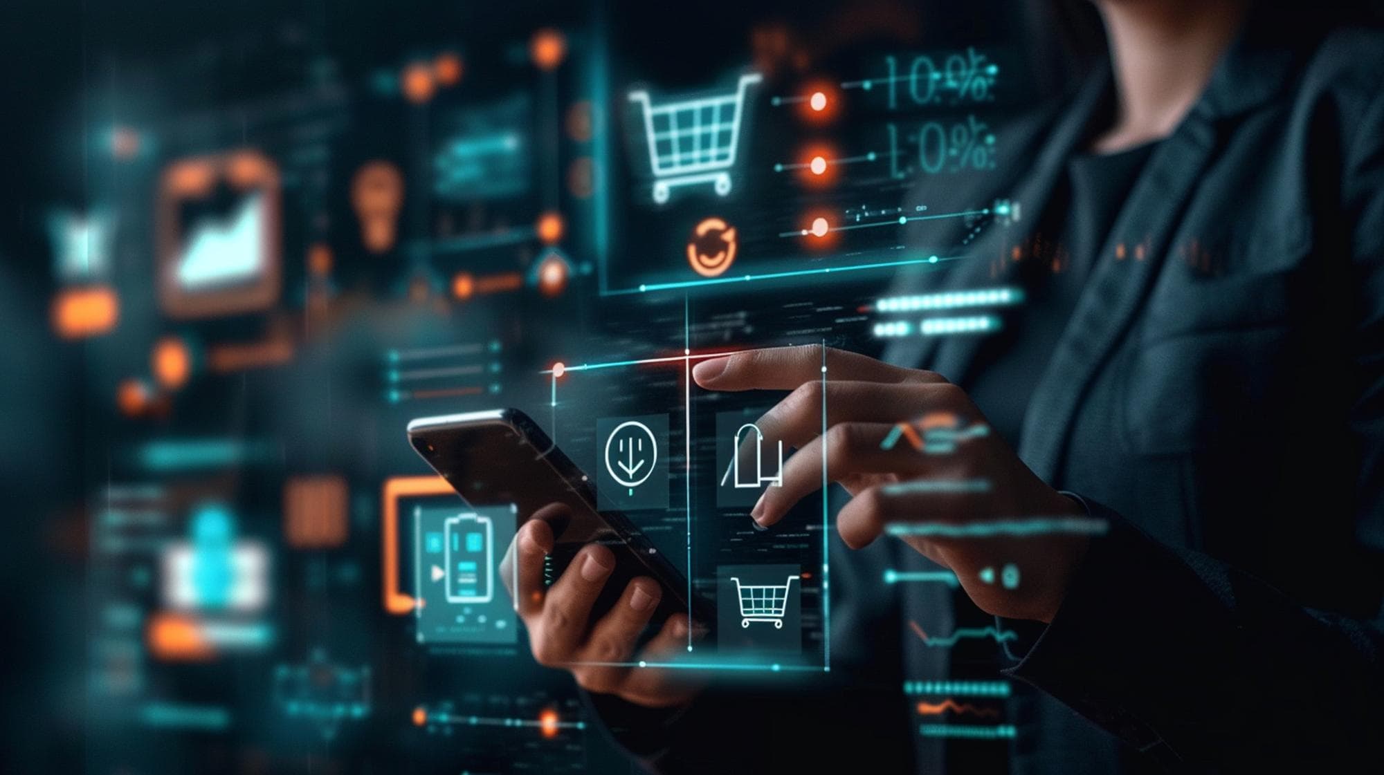 A person holding a smartphone in front of a screen displaying shopping cart and percentage icons